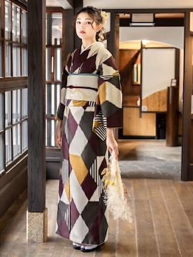 「アイテム（着物、イエロー系）」を使った、KIMONOMACHIさん（レディース・167cm）の冬コーディネート