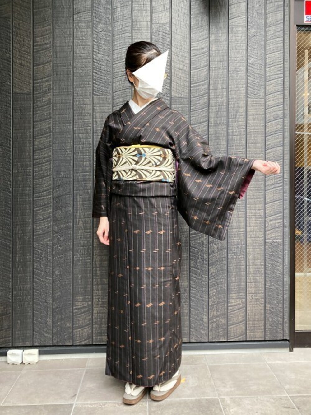 「大人カジュアル、着物、和装、カジュアルコーデ、和服、帯、秋コーデ、着物コーデ、kimonomachi、京袋帯」｜「kimonomachiのKIMONOMACHI オリジナル 京袋帯 単品 数量限定 ポリエステル（和装小物、グリーン系）」を使った、KIMONOMACHIさん（レディース・166cm）の秋コーディネートの1枚目の写真