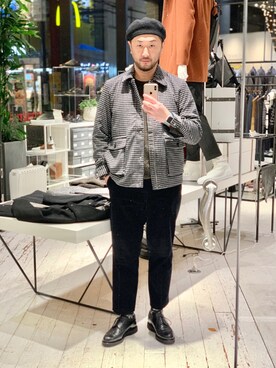 「ABAHOUSE（アバハウス）のチェック中綿ブルゾン（ブルゾン、ブルー系）」を使った、jyunkiさん（メンズ・179cm）の冬コーディネート