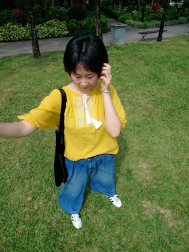 「WEGO（ウィゴー）のベロア巾着トートバッグ（ショルダーバッグ、ブラック系）」を使った、ViViaN k.さん（レディース・165cm）の夏コーディネート