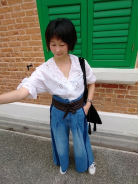 「WEGO（ウィゴー）のベロア巾着トートバッグ（ショルダーバッグ、ブラック系）」を使った、ViViaN k.さん（レディース・165cm）の夏コーディネート