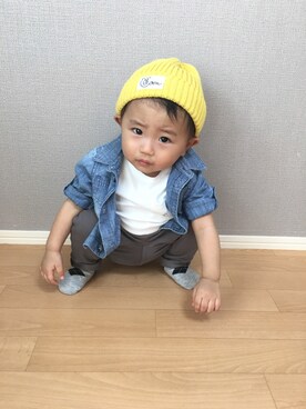 「アイテム（シャツ/ブラウス、ブルー系）」を使った、KOppiiiiiさん（キッズ・80cm）の秋コーディネート