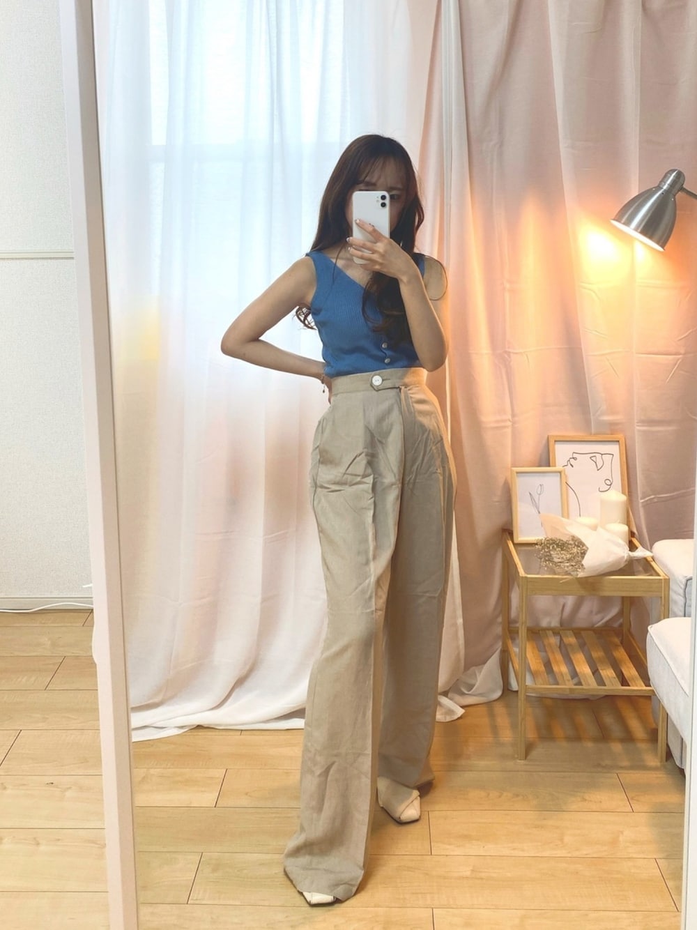「summer、おチビコーデ、おちびさん、韓国ファッション、韓国コーデ、夏コーデ、ワイドパンツ、シンプル、ラクチンコーデ」｜「SLOW MOODのアイテム（パンツ、ベージュ系）」を使った、SLOW MOODさん（レディース・150cm）の夏コーディネートの1枚目の写真