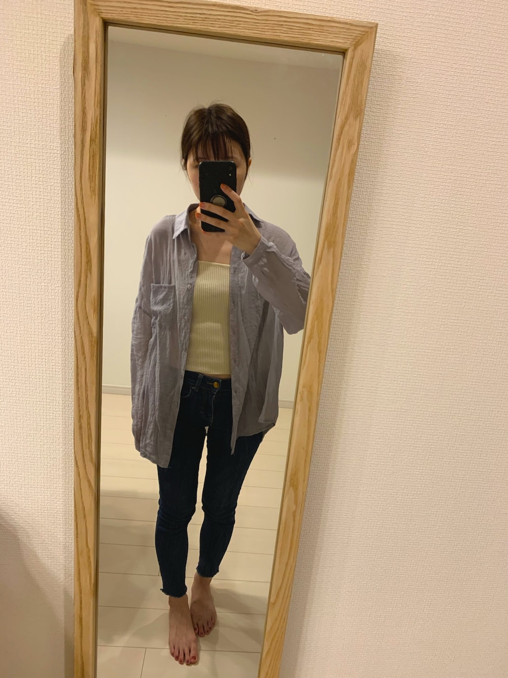 「流行り、キャミソール、スキニーデニム、スキニー、透け感、透けトップス、透けシャツ、とろみシャツ、夏コーデ、夏」｜「urge：の☆CanCam9月号掲載アイテム☆ レーヨンリブキャミソール（キャミソール、ベージュ系）」を使った、Miisさん（レディース・159cm）の夏コーディネートの1枚目の写真