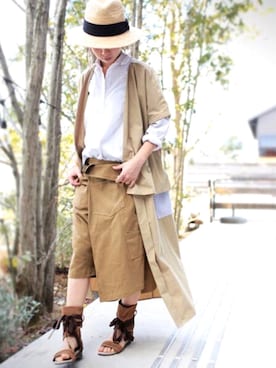 「ロングシャツ」｜「アイテム（ノーカラージャケット）」を使った、antiquaさん（レディース・157cm）の夏コーディネート