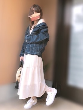 「rps（アールピーエス）のアイテム（デニムジャケット）」を使った、あずきさん（レディース・153cm）の春コーディネート