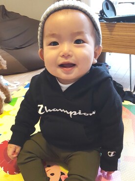 「しまむら（シマムラ）のアイテム（ニットキャップ/ビーニー、グレー系）」を使った、kenさん（キッズ・110cm）の冬コーディネート