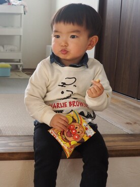 「Birthday（バースデイ）のアイテム（パーカー、ホワイト系）」を使った、kenさん（キッズ・110cm）の冬コーディネート