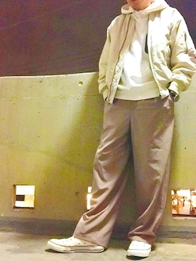 「HARE（ハレ）のアイテム（MA-1）」を使った、CHINさんパパさん（メンズ・163cm）の春コーディネート