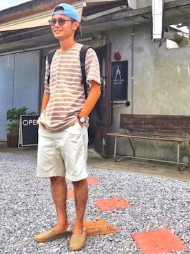 「Burner（バーナー）のアイテム（パンツ）」を使った、CHINさんパパさん（メンズ・163cm）の夏コーディネート
