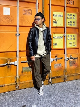 「URBAN RESEARCH Sonny Label（アーバンリサーチサニーレーベル）のアイテム（ライダースジャケット）」を使った、CHINさんパパさん（メンズ・163cm）の秋コーディネート