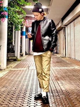 「URBAN RESEARCH Sonny Label（アーバンリサーチサニーレーベル）のアイテム（ライダースジャケット）」を使った、CHINさんパパさん（メンズ・163cm）の冬コーディネート