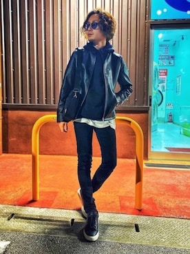 「URBAN RESEARCH Sonny Label（アーバンリサーチサニーレーベル）のアイテム（ライダースジャケット）」を使った、CHINさんパパさん（メンズ・163cm）の冬コーディネート