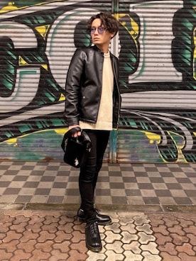 「URBAN RESEARCH Sonny Label（アーバンリサーチサニーレーベル）のアイテム（ライダースジャケット）」を使った、CHINさんパパさん（メンズ・163cm）の冬コーディネート