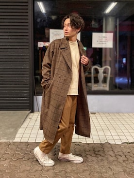 「RAGEBLUE」｜「アイテム（チェスターコート）」を使った、CHINさんパパさん（メンズ・163cm）の冬コーディネート