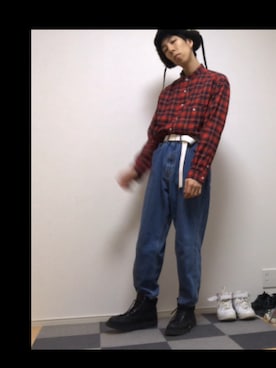 「赤チェック」｜「アイテム（キャップ）」を使った、ただの服好きけんしー(YouTube)さん（メンズ・173cm）の冬コーディネート