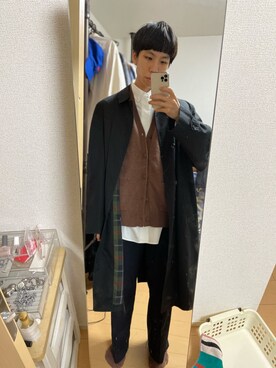 「GUコーデ」｜「アイテム（ステンカラーコート）」を使った、ただの服好きけんしー(YouTube)さん（メンズ・173cm）の冬コーディネート