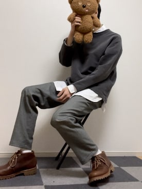 「CIAOPANIC（チャオパニック）の製品染め裏毛PO（Tシャツ/カットソー、グレー系）」を使った、ただの服好きけんしー(YouTube)さん（メンズ・173cm）の冬コーディネート