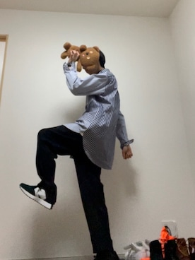 「UNIQLO+Jのアイテム（シャツ/ブラウス、ブルー系）」を使った、ただの服好きけんしー(YouTube)さん（メンズ・173cm）の冬コーディネート