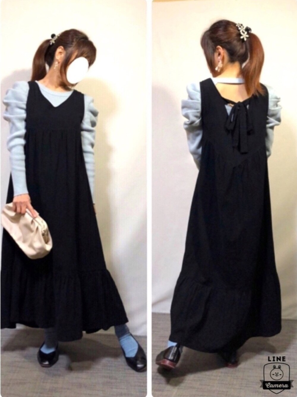 グリーン系のニット/セーター、ブラック系のワンピース、ブラック系のパンプスを着用したレディースの春コーディネートの1枚目の写真