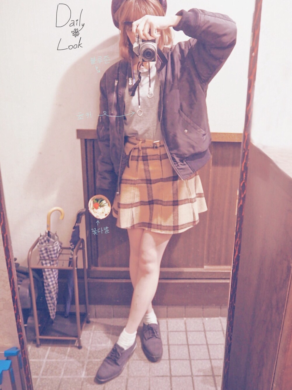 「daily look、ブルゾン、dazzlin、ZARA、チョーカー」｜「dazzlinのベルト付チェックミニスカート（スカート、レッド系）」を使った、ENA *privateさん（レディース・162cm）の春コーディネートの1枚目の写真