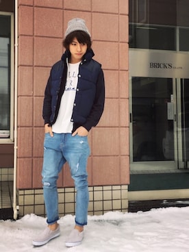 「ZIP FIVE（ジップファイブ）のアイテム（ダウンベスト）」を使った、Matsuda  Kazukiさん（メンズ・177cm）の冬コーディネート