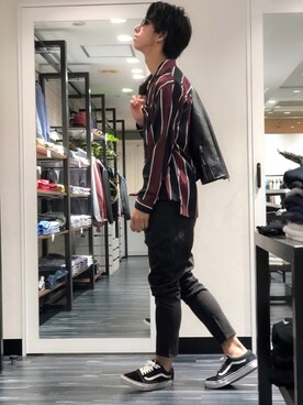 「アイテム（ライダースジャケット）」を使った、Matsuda  Kazukiさん（メンズ・177cm・20代）の春コーディネート