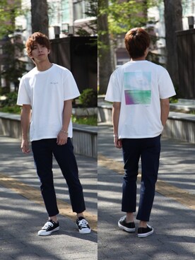 Matsuda  Kazukiさんの「半袖バックプリントイラストTシャツ」を使ったコーディネート