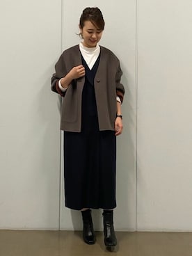「アイテム（ノーカラーコート、ブラウン系）」を使った、mikaさん（レディース・158cm）の秋コーディネート