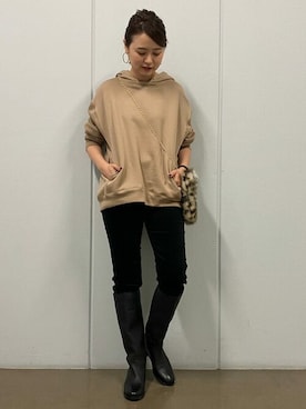 「human woman（ヒューマンウーマン）の◆裏起毛ダンボールパーカー（パーカー）」を使った、mikaさん（レディース・158cm）の冬コーディネート