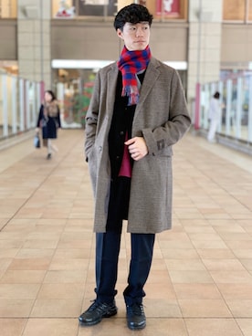 「チェックマフラー」｜「アイテム（チェスターコート）」を使った、Yusuke Nakajimaさん（メンズ・176cm）の冬コーディネート