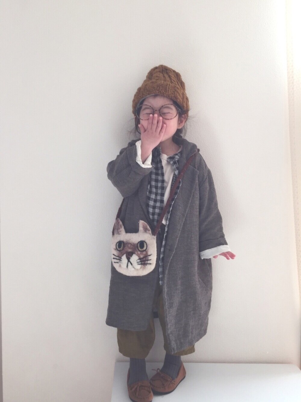 「キッズファッション、モンミミ、ニット帽、めがね、3歳、ナチュラル」｜「URBAN RESEARCH DOORS KIDSのアイテム（帽子、ブラウン系）」を使った、nami *さん（キッズ・90cm）の冬コーディネートの1枚目の写真