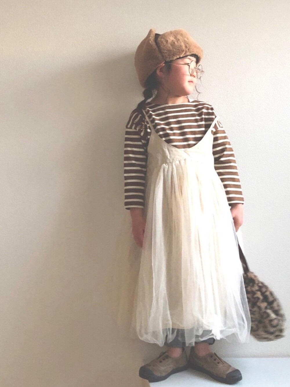 「チョコ色に染まれ、ベージュ、ブラウンコーデ、ボーダー、monmimi、チュールスカート、シエンタ、フライトキャップ」｜「URBAN RESEARCH DOORSのFORK&SPOON　ボートネックボーダー(KIDS)（Tシャツ/カットソー、ブラウン系）」を使った、nami *さん（キッズ・100cm）の冬コーディネートの1枚目の写真