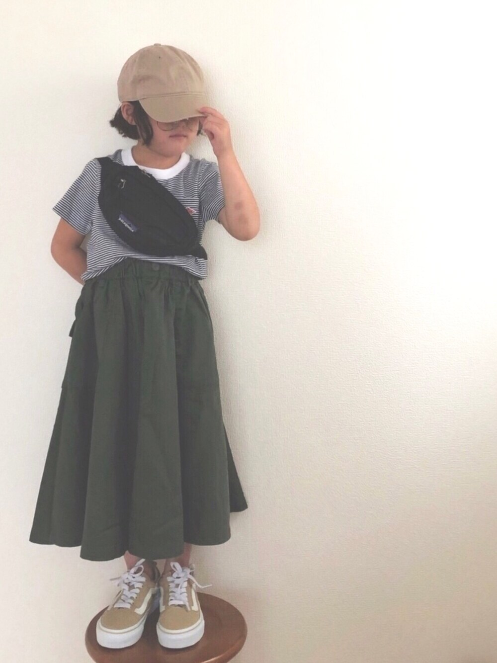 「夏のボーダーフェス、夏コーデ、ロングスカート、ボーダー、ボーダートップス、オールドスクール、キャップ、ダントン」｜「SESTOのgu19ss/キッズ ワンウォッシュコットンキャップ（キャップ、ベージュ系）」を使った、nami *さん（キッズ・100cm）の夏コーディネートの1枚目の写真