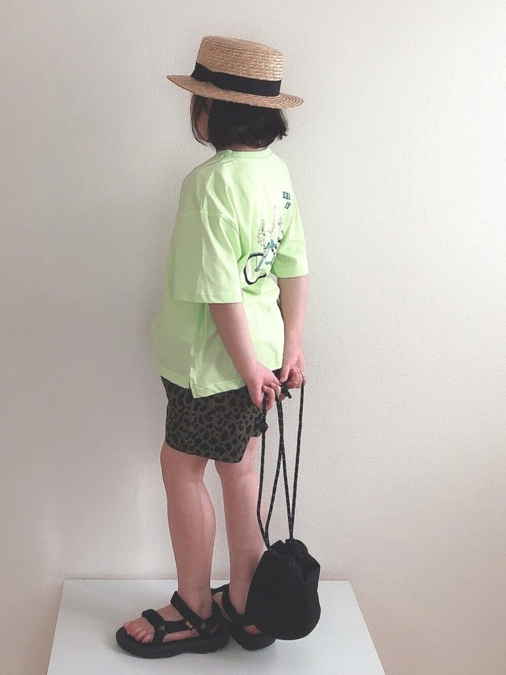 「レオパード、夏コーデ、ショートパンツ、カンカン帽、バックプリント、サンダル、スポーツサンダル、巾着バッグ、ビタミンカラー」｜「LOWRYS FARMのライオントネズミＴＥＥ　949589（Tシャツ/カットソー、イエロー系）」を使った、nami *さん（キッズ・110cm）の春コーディネートの1枚目の写真