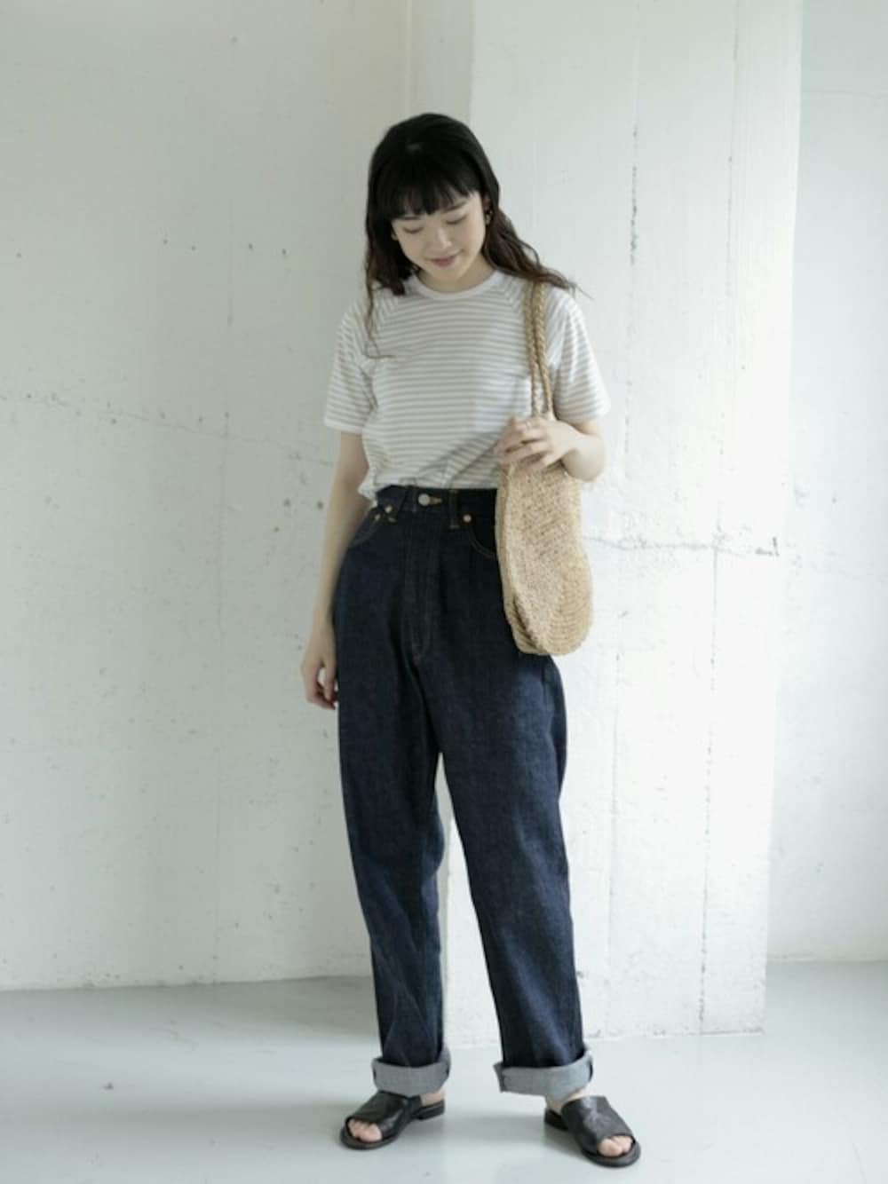 「デニム、ボーダー、Tシャツ、アーバンリサーチ、大人カジュアル、シンプルコーデ、カジュアルコーデ、URBAN RESEARCH、かぐれ」｜「かぐれのANATOMICA　618 MARILYN（デニムパンツ、ブルー系）」を使った、rikoさん（レディース・163cm）の夏コーディネートの1枚目の写真