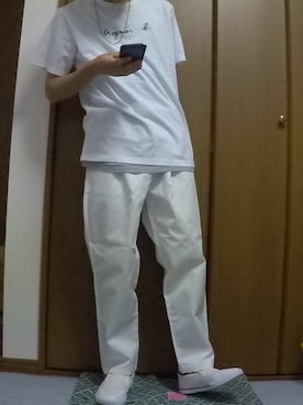 「オールホワイト」｜「アイテム（スリッポン）」を使った、まっちー☻さん（メンズ・168cm）の夏コーディネート