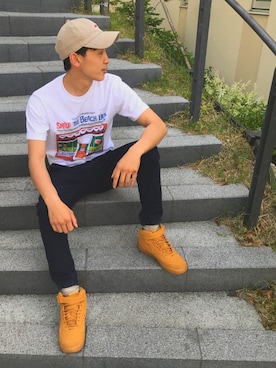 「UNIQLO Tシャツ」｜「アイテム（キャップ）」を使った、たけさん（メンズ・168cm）の春コーディネート