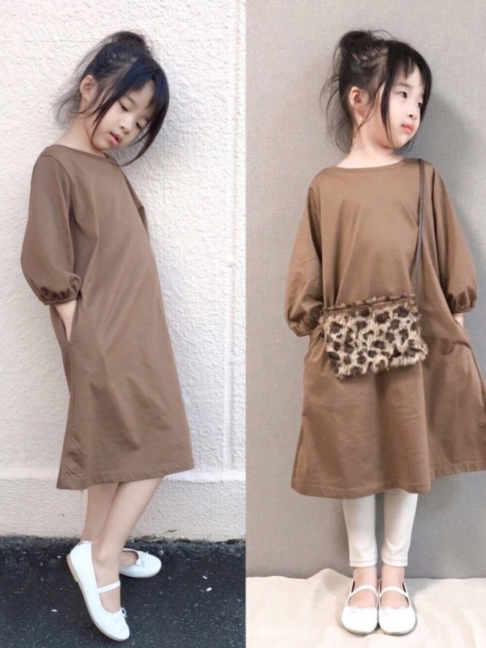 ブラウン系のワンピース、ホワイト系のバレエシューズ、ベージュ系のレギンス/スパッツを着用したキッズの夏コーディネートの1枚目の写真