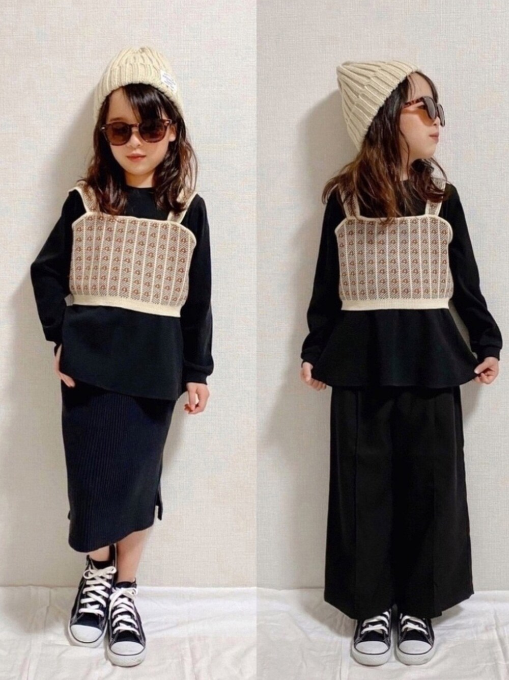 「タイトスカート、ワイドパンツ、ブラックコーデ、ニット、ニット帽、冬コーデ、マイベストコーデ2020、あったかコーデ、年末WEAR感謝祭、ハイカットスニーカー」｜「petit mainのニットジャガード長袖トレーナーアンサンブル（アンサンブル、レッド系）」を使った、naaaさん（キッズ・124cm）の冬コーディネートの1枚目の写真