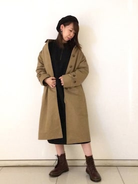 「ワークブーツ」｜「アイテム（ステンカラーコート）」を使った、megさん（レディース・159cm）の秋コーディネート