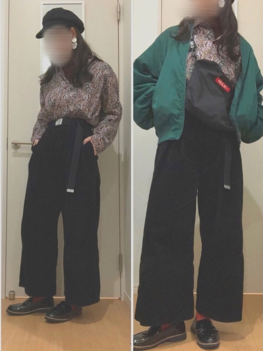 「柄シャツ、マリンキャップ、ローファー、ショルダーバッグ、ブルゾン、派手、ボリューム袖、コーデュロイ、ワイドパンツ」｜「kutirの柄シャツ（シャツ/ブラウス、レッド系）」を使った、るいべあさん（レディース・163cm）の秋コーディネートの1枚目の写真