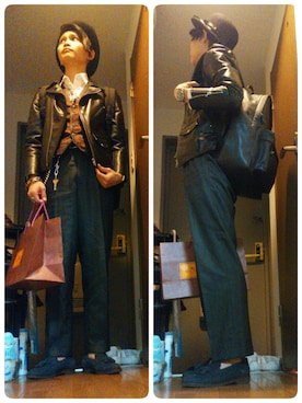 「LOUNGE LIZARD（ラウンジリザード）のアイテム（ライダースジャケット）」を使った、にしこりKさん（メンズ・171cm）の春コーディネート