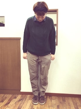 「GU（ジーユー）のアイテム（ニット/セーター、グリーン系）」を使った、mikiさん（レディース・169cm）の冬コーディネート