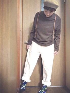 「GU（ジーユー）のアイテム（ニット/セーター、ブラウン系）」を使った、mikiさん（レディース・169cm）の冬コーディネート