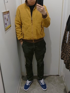 「AIGLE（エーグル）のアイテム（ノーカラージャケット）」を使った、Dasabala Limさん（メンズ・185cm）の冬コーディネート