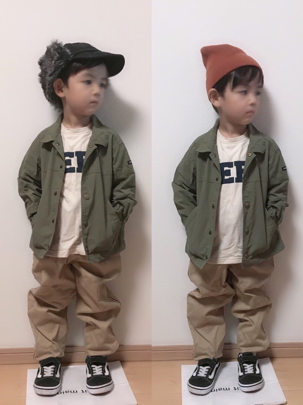 「やっぱりストリートが好き、秋コーデ、kids、スニーカー、男の子、カジュアル、チノパン」｜「スリーコインズのアイテム（ニットキャップ/ビーニー、ブラウン系）」を使った、Hさんさん（キッズ・100cm）の秋コーディネートの1枚目の写真