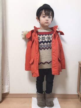「petit main（プティマイン）のアイテム（ミリタリージャケット）」を使った、Hさんさん（キッズ・100cm）の冬コーディネート