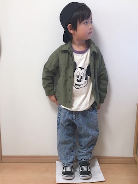 「petit main（プティマイン）のアイテム（ミリタリージャケット）」を使った、Hさんさん（キッズ・100cm）の春コーディネート