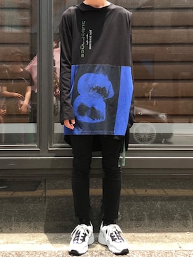 「RAF SIMONS（ラフシモンズ）のアイテム（Tシャツ/カットソー、ブラック系）」を使った、HIKARUさん（メンズ・183cm）の夏コーディネート